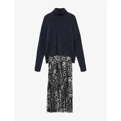 Allsaints Womens  Spark Leppo Pleated Wool-blend Midi Dress In Black