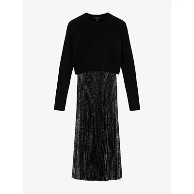 Allsaints Womens Black/fango Gr Evia Two-in-one Stretch-woven Midi Dress In Multi