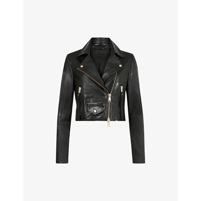 Allsaints Womens  Elora Slim-fit Cropped Leather Biker Jacket In Black/gold