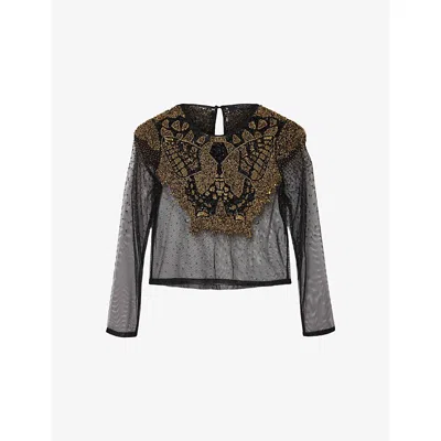 ALLSAINTS WOMENS BLACK/GOLD GRETA BUTTERFLY-EMBELLISHED WOVEN TOP