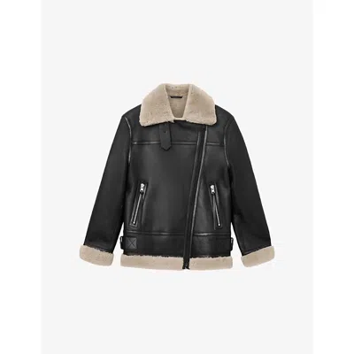 ALLSAINTS WOMENS BLACK/NATURAL SOLA RELAXED-FIT LINED SHEARLING BIKER JACKET