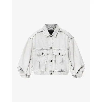 Allsaints Womens Bleached Grey Luca Volume-sleeved Denim Jacket In Blue