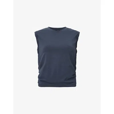 Allsaints Womens West Ruched Stretch Cotton-blend Top Blueberry Blue