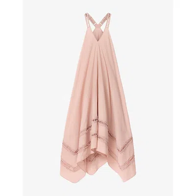 Allsaints Womens Blush Pink Lil Embroidered-trim Asymmetric-hem Cotton Maxi Dress