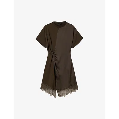 Allsaints Womens  Lana Lace-trim Woven Mini Dress In Brown