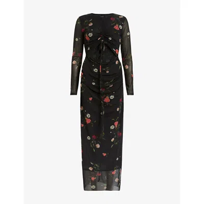Allsaints Womens  Kathy Floral-print Cut-out Mesh Maxi Dress In Black