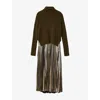 Allsaints Womens Bronze Brown Spark High-neck Pleated-skirt Wool-blend Midi Dress In Brown