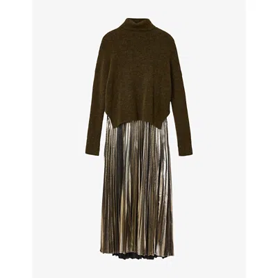 ALLSAINTS WOMENS BRONZE BROWN SPARK HIGH-NECK PLEATED-SKIRT WOOL-BLEND MIDI DRESS