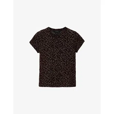 Allsaints Womens Brown Flock Ellie Graphic-print Short-sleeve Mesh T-shirt
