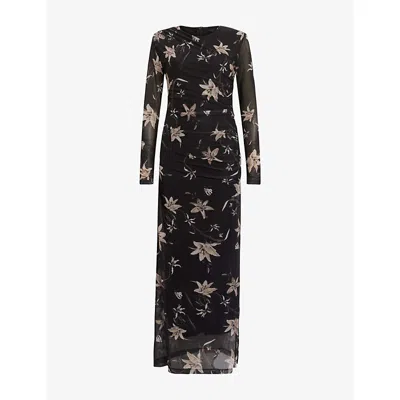 ALLSAINTS WOMENS PETRA SEPIA BR CAIA FLORAL-PRINT STRETCH-MESH MAXI DRESS