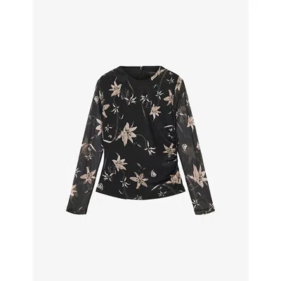 ALLSAINTS WOMENS PETRA SEPIA BR CAIA FLORAL-PRINT STRETCH-MESH TOP