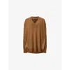 Allsaints Womens Caramel Brown Bern V-neck Contrast-panel Merino-wool Jumper