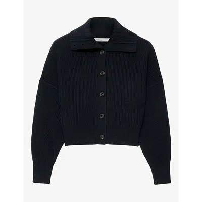 Allsaints Womens Caron Cropped Merino Wool Cardigan Navy Blue