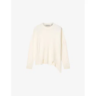 Allsaints Womens Chalk White Isla Crewneck Asymmetric-hem Merino-wool Jumper Xs