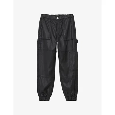ALLSAINTS WOMENS COATED BLACK MILA TAPERED-LEG COATED DENIM CARGO TROUSERS