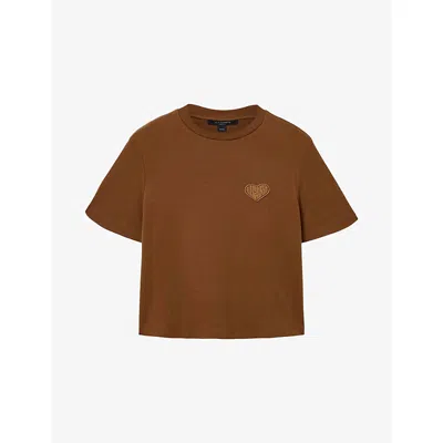 Allsaints Womens Cognac Brown Lover Lisa Embroidered Cotton-jersey T-shirt