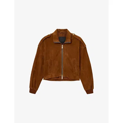 Allsaints Womens  Lowden Collared Suede Jacket In Brown
