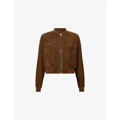 ALLSAINTS WOMENS ORTEN SUEDE BOMBER JACKET COGNAC BROWN