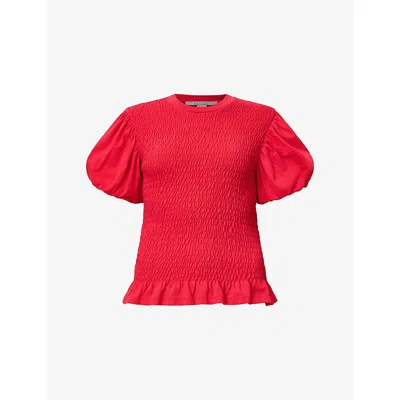 Allsaints Womens Dael Puff-sleeve Slim-fit Smocked Stretch-woven Top Crimson Red