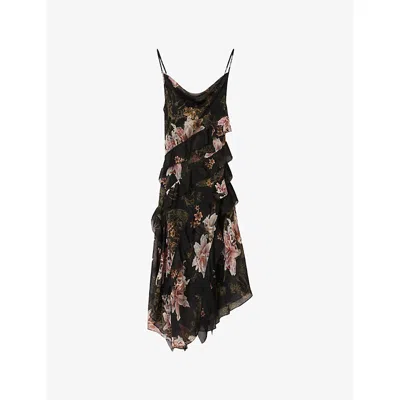 Allsaints Womens Crystal Black Ruth Floral-print Chiffon Midi Dress