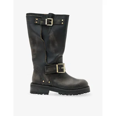 Allsaints Womens Dark Brown Tay Buckled Leather Knee-high Boots Eur 39 / 6 Uk