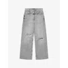 Allsaints Womens Destroy Grey Aki Crossover Wide-leg Mid-rise Jeans In Gray