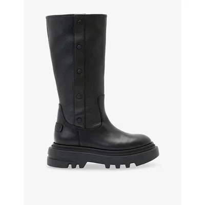 Allsaints Womens Black Dolly Stud-embellished Chunky Knee-high Leather Boots Eur 38/5 Uk