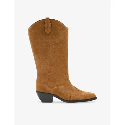 Allsaints Womens Sepia Brown Dolly Western Embroidered Suede Knee-high Heeled Boots Eur 39 / 6 Uk
