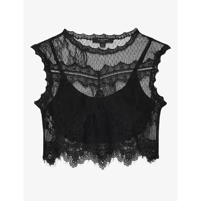 Allsaints Womens Eliza Lace-overlay Cropped Woven Top Black