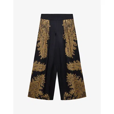 Allsaints Womens Ella Black Leanne Graphic-print Silk-blend Trousers In Brown