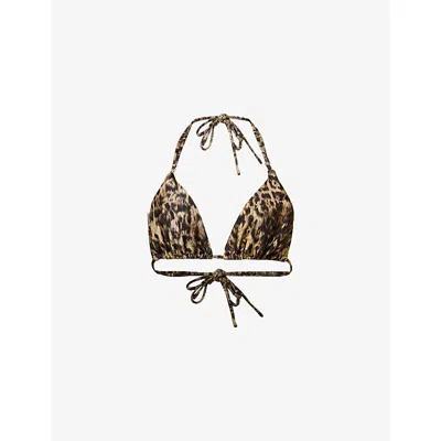 Allsaints Womens Evia Golden Br Saph Leopard-print Self-tie Stretch-woven Bikini Top Xs