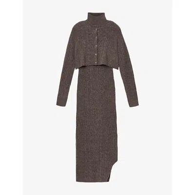 ALLSAINTS WOMENS FAWN BROWN SABINE HIGH-NECK STRETCH-KNIT MIDI DRESS