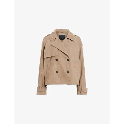 Allsaints Womens Greige Brown Notched-lapel Double-breasted Regular-fit Suede Jacket