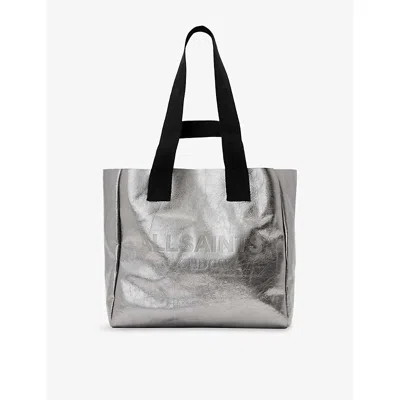 Allsaints Womens Gunmetal Izzy Metallic-leather Tote Bag In Gray