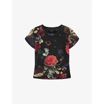 Allsaints Womens Haze Black Ellie Floral-print Mesh T-shirt