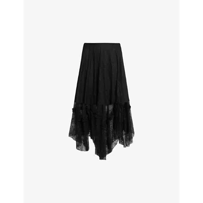Allsaints Womens Josie Tiered-hem Lace Midi Skirt Black