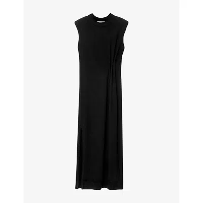 Allsaints Womens Kayla Sleeveless Padded-shoulder Merino-wool Midi Dress Black