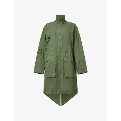 Allsaints Womens Khaki Green Milla Bird-print Cotton Parka Jacket