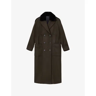 Allsaints Womens Millie Contrast-collar Wool-blend Coat Khaki Green