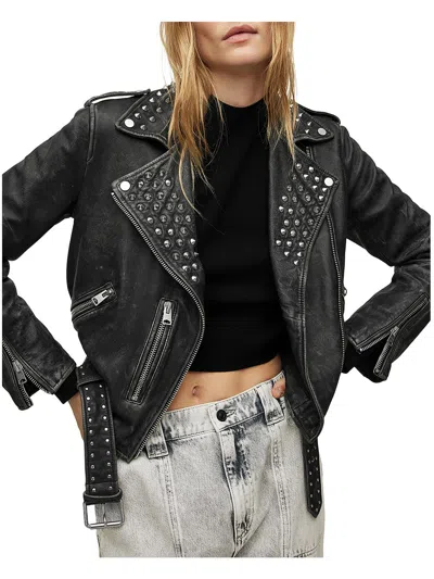 Allsaints Womens Leather Studded Motorcycle Jacket In Black