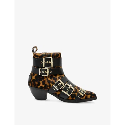 ALLSAINTS WOMENS LEPPO BROWN/BL JANE BUCKLE-EMBELLISHED HEELED LEATHER ANKLE BOOTS EUR 38/5 UK