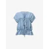 Allsaints Womens Light Blue Remy V-neck Gathered-front Cotton And Linen-blend Top In Blue