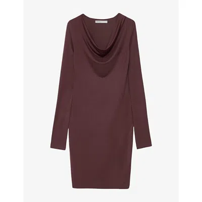 Allsaints Womens Lilla Cowl-neck Stretch-jersey Bodycon Mini Dress Aubergine Red In Burgundy
