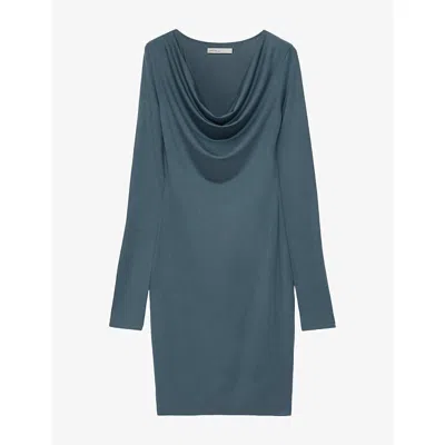 Allsaints Womens Lilla Cowl-neck Stretch-jersey Bodycon Mini Dress Teal Blue