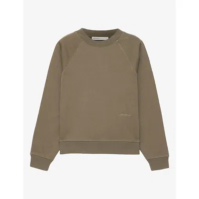 Allsaints Womens Lily Crewneck Logo-embroidered Cotton Sweatshirt Washed Khaki Xs In Brown