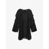 Allsaints Womens Black Lissie Round-neck Frill Silk-blend Mini Dress In Black
