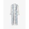 Allsaints Womens Delphine Floral-print Linen-blend Midi Shirt Dress Lita Soft Blue In Lita Soft Blue