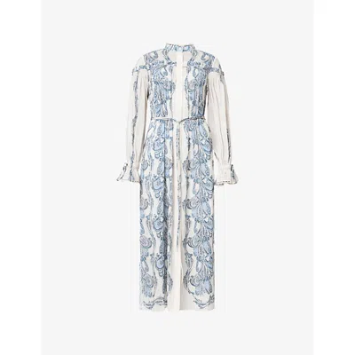 Allsaints Womens Delphine Floral-print Linen-blend Midi Shirt Dress Lita Soft Blue