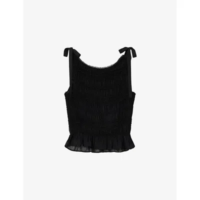 Allsaints Womens Lotus Tie-strap Shirred Woven Top Black In Purple