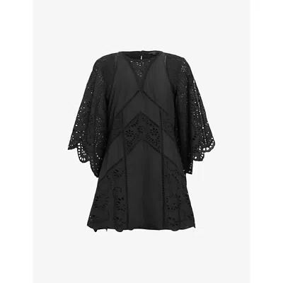 Allsaints Womens Black Luci Broderie Cotton Mini Dress